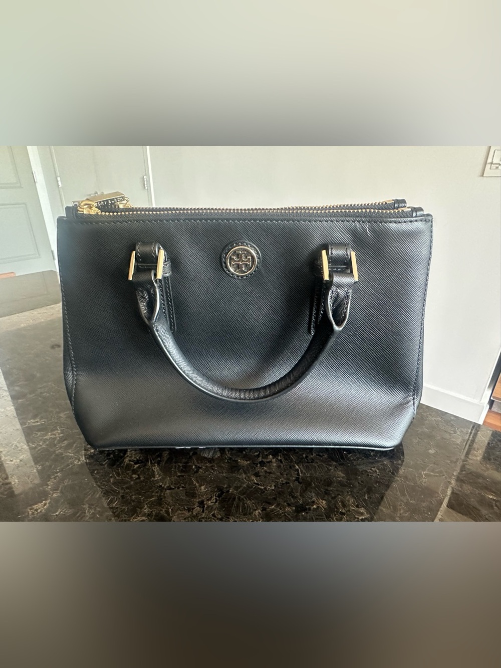 Tory Burch Double-Zip Mini Robinson Black Saffiano Satchel with Gold Hardware